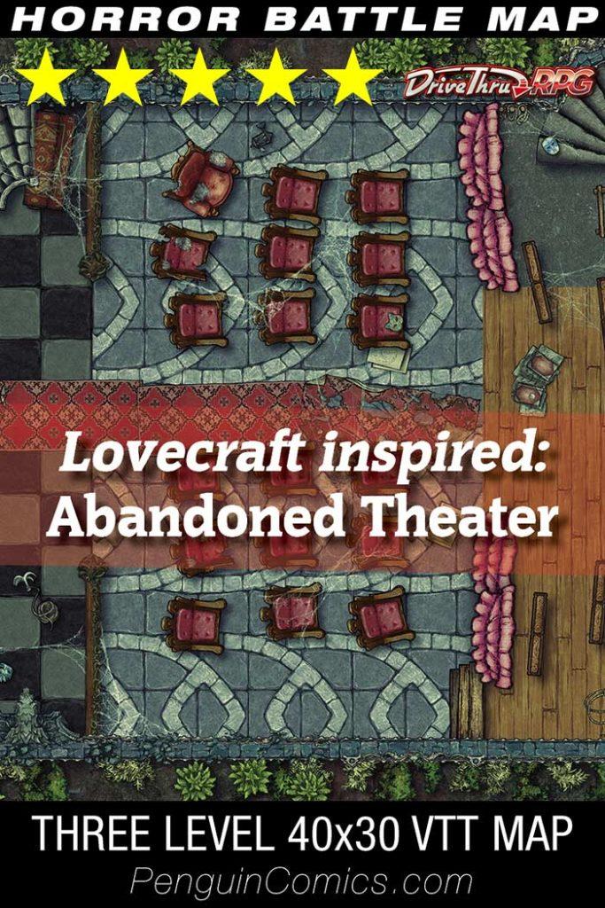 Lovecraft inspired Cthulhu VTT Battlemap: Abandoned Theater - a 5 Star map downloadable at DriveThruRPG